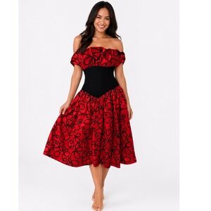 Gunne Sax Dress Womens Red Black Velvet‎ Strapless Swirl Print Vintage 11